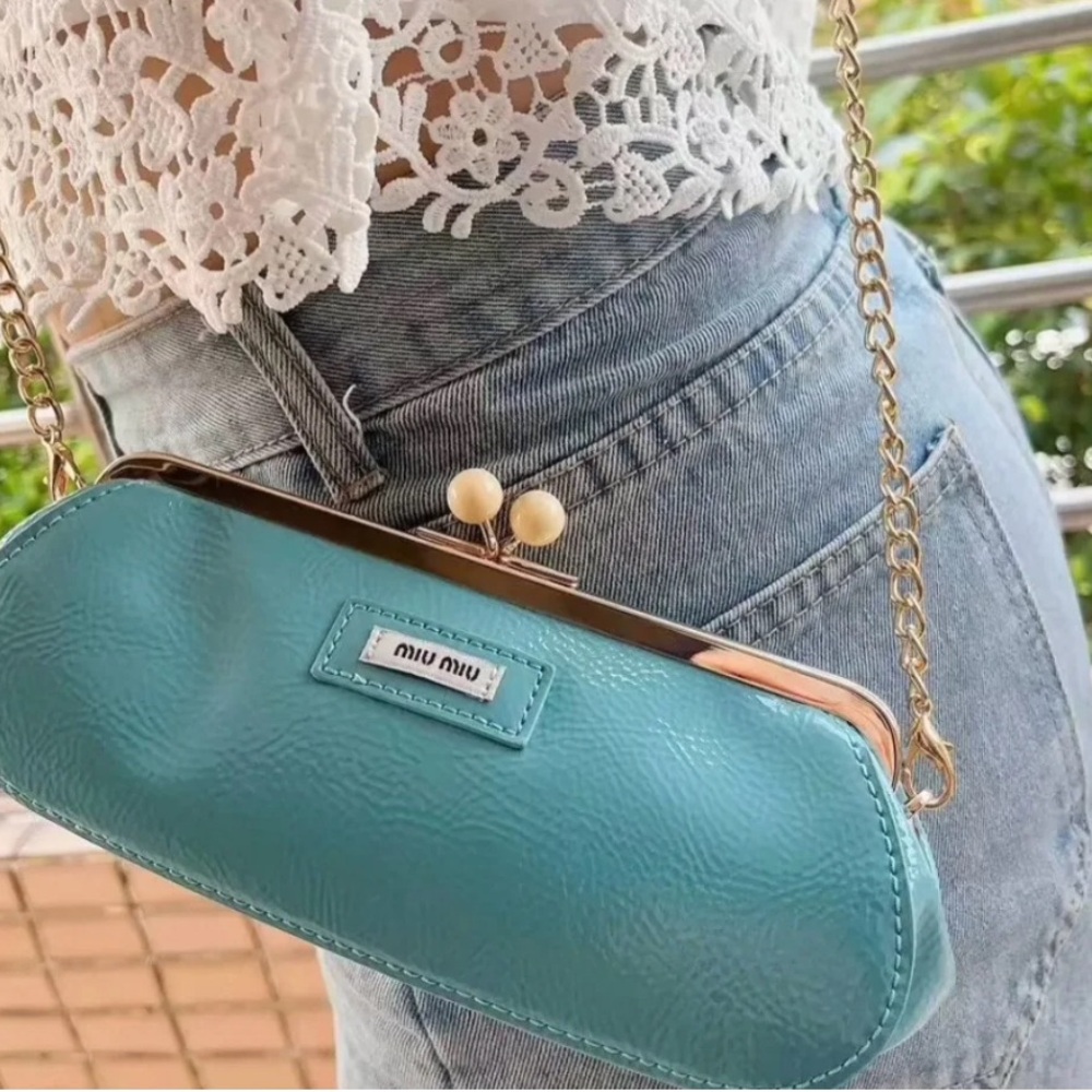 Miu Miu Turquoise Leather Kiss-Lock Crossbody Bag